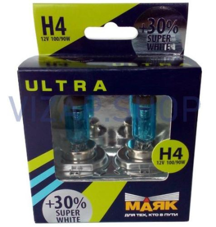82450SW+30% - Автолампа H4 12V 100/90W (P43t) АКГ 12-100+90 белая "МАЯК" фарная (к-т 2шт.) ACTIVE SUPER WHITE +30%
